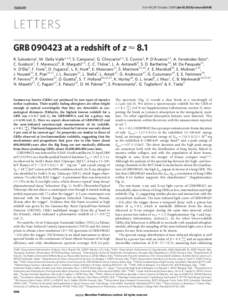 Vol 461 | 29 October 2009 | doi:[removed]nature08445  LETTERS GRB[removed]at a redshift of z < 8.1 R. Salvaterra1, M. Della Valle2,3,4, S. Campana1, G. Chincarini1,5, S. Covino1, P. D’Avanzo1,5, A. Ferna´ndez-Soto6, C. 
