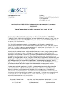 FOR IMMEDIATE RELEASE 15 April 2015 CONTACT: Elizabeth Franks, SCT Executive Director 1+215