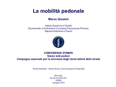 La mobilità pedonale Marco Giustini Istituto Superiore di Sanità Dipartimento di Ambiente e Connessa Prevenzione Primaria Reparto Ambiente e Traumi