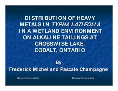 DISTRIBUTION OF HEAVY METALS IN TYPHA LATIFOLIA IN A WETLAND ENVIRONMENT ON ALKALINE TAILINGS AT CROSSWISE LAKE, COBALT, ONTARIO