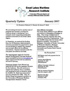 Great Lakes Maritime Research Institute A University of Wisconsin-Superior and University of Minnesota Duluth Consortium  Quarterly Update