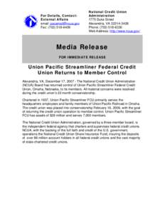 Media Release - Union Pacific Streamliner Federal Credit Union Returns to Member Control