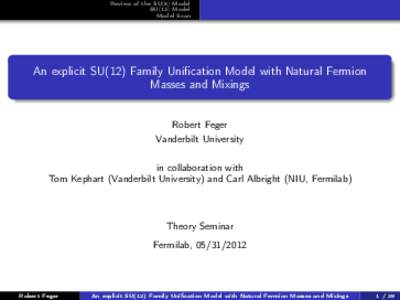 Review of the SU(5) Model SU(12) Model Model Scan An explicit SU(12) Family Unification Model with Natural Fermion Masses and Mixings