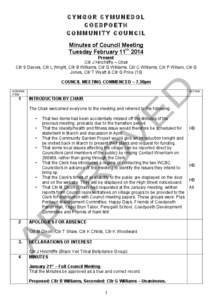 CYNGOR CYMUNEDOL COEDPOETH COMMUNITY COUNCIL Minutes of Council Meeting Tuesday February 11th 2014 Present