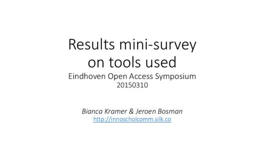 Results mini-survey on tools used Eindhoven Open Access SymposiumBianca Kramer & Jeroen Bosman http://innoscholcomm.silk.co