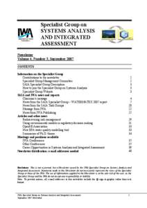 Specialist Group on SYSTEMS ANALYSIS AND INTEGRATED ASSESSMENT Newsletter Volume 4, Number 3, September 2007