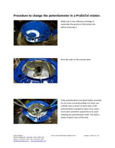 Procedure to change the potentiometer in a ProSisTel rotator. Make one or two reference markings to remember the position of the bottom lid, before removing it.  Note the order of the colored wires.