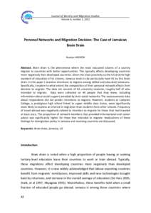 Journal of Identity and Migration Studies Volume 6, number 1, 2012 Personal Networks and Migration Decision: The Case of Jamaican Brain Drain Rosalyn NEGRÓN