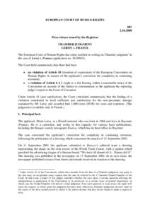 EUROPEAN COURT OF HUMAN RIGHTSPress release issued by the Registrar CHAMBER JUDGMENT LEROY v. FRANCE