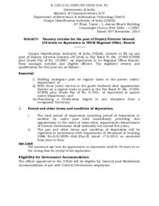 ADDG/09-UIDAI (Vol. IV) Government of India Ministry of Communications & IT Department of Electronics & Information Technology (DeitY) Unique Identification Authority of India (UIDAI) 2nd Floor, Tower – I, Je