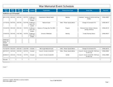 War Memorial Event Schedule Event Date Setup Time