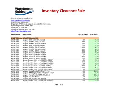 Inventory Clearance Sale View Item details and Order at: www.WarehouseCables.com Enter P/N into Search box. Shipping is UPS Ground, pre-paid and added to final invoice. No handling or other hidden fees.