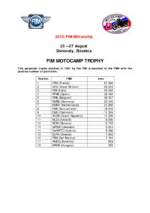 2010 FIM Motocamp 25 – 27 August Donovaly, Slovakia FIM MOTOCAMP TROPHY This perpetual trophy donated in 1981 by the FIM is awarded to the FMN with the