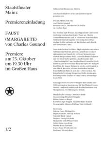 Staatstheater Mainz Premiereneinladung FAUST (MARGARETE) von Charles Gounod