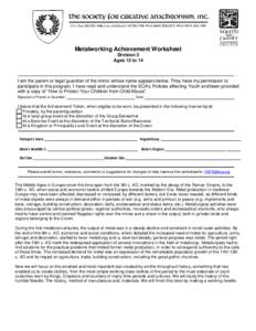Attachment – (NOTE: It is not necessary to print this page.)  Metalworking Achievement Worksheet Division 3 Ages 12 to 14