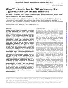 Nucleic Acids Research Advance Access published May 5, 2010 Nucleic Acids Research, 2010, 1–11 doi:nar/gkq345 tRNASec is transcribed by RNA polymerase II in Trypanosoma brucei but not in humans