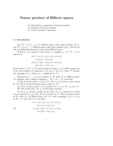 Tensor product of Hilbert spaces §1. Introduction, uniqueness of tensor products §2. Existence of tensor products §3. Tensor product of operators  §1. Introduction