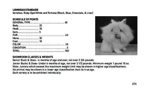 LIONHEAD STANDARD Varieties: Ruby-Eyed White and Tortoise (Black, Blue, Chocolate, & Lilac) SCHEDULE OF POINTS GENERAL TYPE..................................................... 40 Body................................ 25 