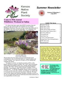 Summer Newsletter Volume 35 Number 3 July 2013 Come to 35th Annual Wildflower Weekend at Salina
