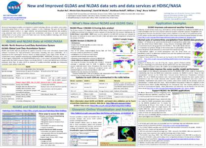 New and Improved GLDAS and NLDAS data sets and data services at HDISC/NASA Hualan Rui1, Hiroko Kato Beaudoing2, David M Mocko3, Matthew Rodell2, William L Teng1, Bruce Vollmer1 1. Goddard Earth Sciences Data and Informat