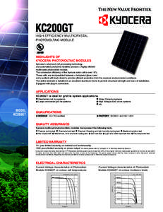 KC200GT HIGH EFFICIENCY MULTICRYSTAL PHOTOVOLTAIC MODULE HIGHLIGHTS OF KYOCERA