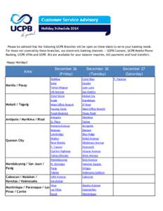 Please be advised that the following UCPB Branches will be open on these dates to serve your banking needs. For those not covered by these branches, our electronic banking channels -- UCPB Connect, UCPB Mobile Phone Bank