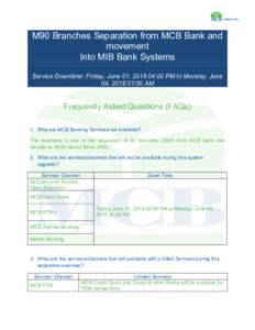 M90 Branches Separation from MCB Bank and movement Into MIB Bank Systems Service Downtime: Friday, June 01, :00 PM to Monday, June 04, :00 AM