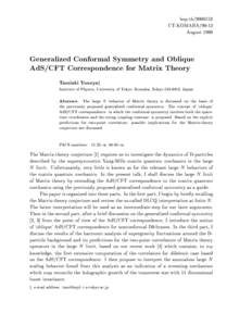 hep-thUT-KOMABAAugust 1999 Generalized Conformal Symmetry and Oblique AdS/CFT Correspondence for Matrix Theory