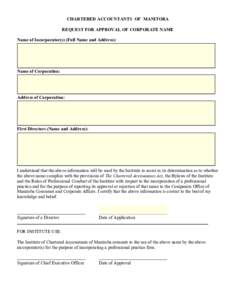 CHARTERED ACCOUNTANTS OF MANITOBA REQUEST FOR APPROVAL OF CORPORATE NAME PRINT CLEAR ALL
