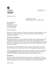 November 26, 2014 Exemption No. 9785C Regulatory Docket No. FAAMr. Jim Stephenson CEO/President Aero Sports Connection