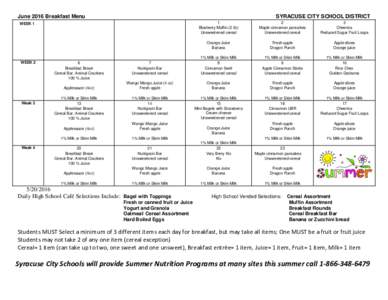 June 2016 Breakfast Menu  SYRACUSE CITY SCHOOL DISTRICT 1 Blueberry Muffin (2 0z) Unsweetened cereal