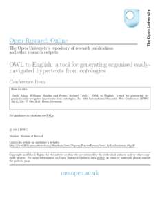 Open Research Online The Open University’s repository of research publications and other research outputs OWL to English: a tool for generating organised easilynavigated hypertexts from ontologies Conference Item