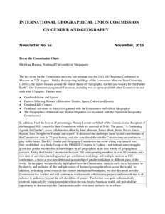 INTERNATIONAL GEOGRAPHICAL UNION COMMISSION ON GENDER AND GEOGRAPHY Newsletter No. 55 November, 2015