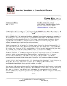 American Association of Poison Control Centers  NEWS RELEASE For Immediate Release Aug. 19, 2014