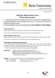 FOR IMMEDIATE RELEASE  http://www.keio.ac.jp/ October 2, [removed]Keio Medical Science Prize