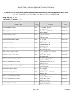 REGISTERED U.S. DOMICILED SURPLUS LINES INSURERS  For non U.S. domiciled insurers eligible under the Federal Nonadmitted Insurance and Reinsurance Reform Act (NRRA), please refer to the separate link for the NAIC Surplus