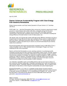    April 22, 2015 Equinix Advances Sustainability Program with Clean Energy from Iberdrola Renewables