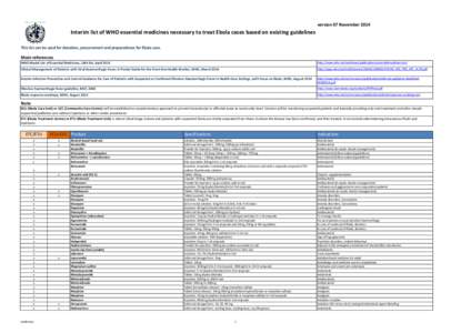 version 07 November[removed]Interim list of WHO essential medicines necessary to treat Ebola cases based on existing guidelines This list can be used for donation, procurement and preparedness for Ebola care.  Main referen