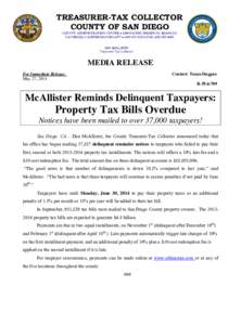 TREASURER-TAX COLLECTOR COUNTY OF SAN DIEGO COUNTY ADMINISTRATION CENTER 1600 PACIFIC HIGHWAY, ROOM 112 SAN DIEGO, CALIFORNIAFAXDAN McALLISTER Treasurer-Tax Collector