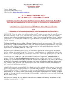 Department of Historic Resources For Immediate Release December 19, 2013 Contact: Randy Jones Department of Historic Resources / 