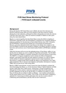 FIVB Heat Stress Monitoring Protocol – FIVB beach volleyball events Background During the final the 2007 Grand Slam event in Berlin, the team from Germany was forced to forfeit the match when one of the members of the 