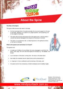 R  About the Spine The Role of the Spine The spine fulfils several vital roles in the body. •