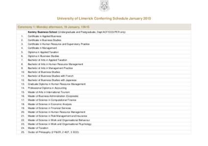 University of Limerick Conferring Schedule January 2015 Ceremony 1: Monday afternoon, 19 January, 15h15 Kemmy Business School (Undergraduate and Postgraduate, Dept ACF/ECO/PER only) 1.  Certificate in Applied Business
