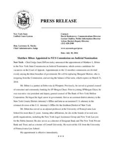 PRESS RELEASE New York State Unified Court System Contact: David Bookstaver, Communications Director