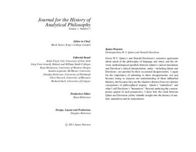 Journal for the History of Analytical Philosophy Volume 1, Number 1 Editor in Chief Mark Textor, King’s College London