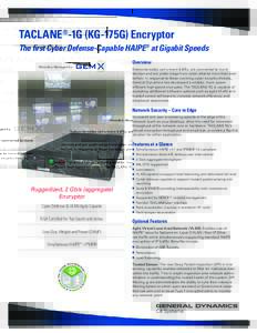 TACLANE®-1G (KG-175G) Encryptor The first Cyber Defense-Capable HAIPE® at Gigabit Speeds Remotely Managed by: Overview Networks today carry more traffic, are connected to more