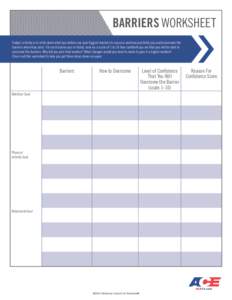 BARRIERS WORKSHEET Today’s activity is to write down what you believe are your biggest barriers to success and how you think you could overcome the barriers when they arise. For each barrier you’ve listed, rank on a 