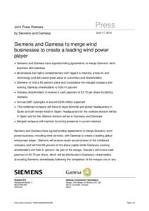 Joint Press Release by Siemens and Gamesa: Siemens and Gamesa to merge wind businesses to create a leading wind power player