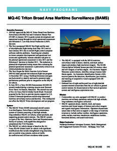 N av y P R O G R A M S  MQ-4C Triton Broad Area Maritime Surveillance (BAMS) Executive Summary •	 DOT&E approved the MQ-4C Triton Broad Area Maritime Surveillance (BAMS) Test and Evaluation Master Plan