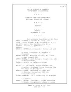 Page 1 UNITED STATES OF AMERICA DEPARTMENT OF COMMERCE + + + + + COMMERCE SPECTRUM MANAGEMENT ADVISORY COMMITTEE (CSMAC)